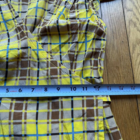 Plenty By Tracy Reese Size 4 Yellow Brown Plaid Silk Blend Cap Sleeve Blouse Top - Picture 5 of 13